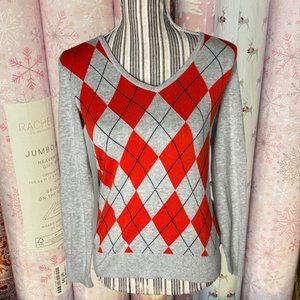 Tommy Hilfiger Orange and Grey Argyle Sweater Size Medium